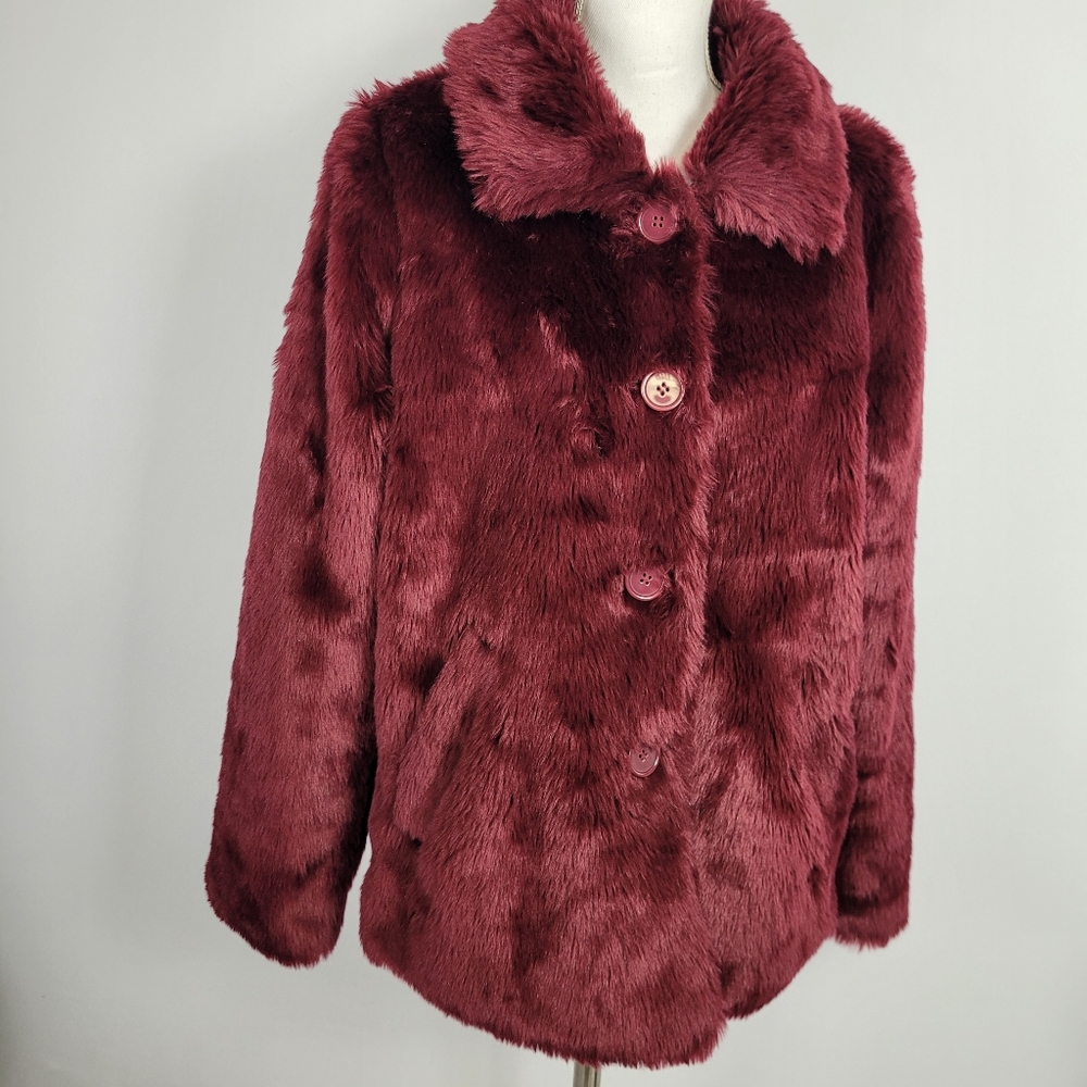 Vintage 90s Jou Jou Faux Fur Maroon Burgundy Coat Size XL